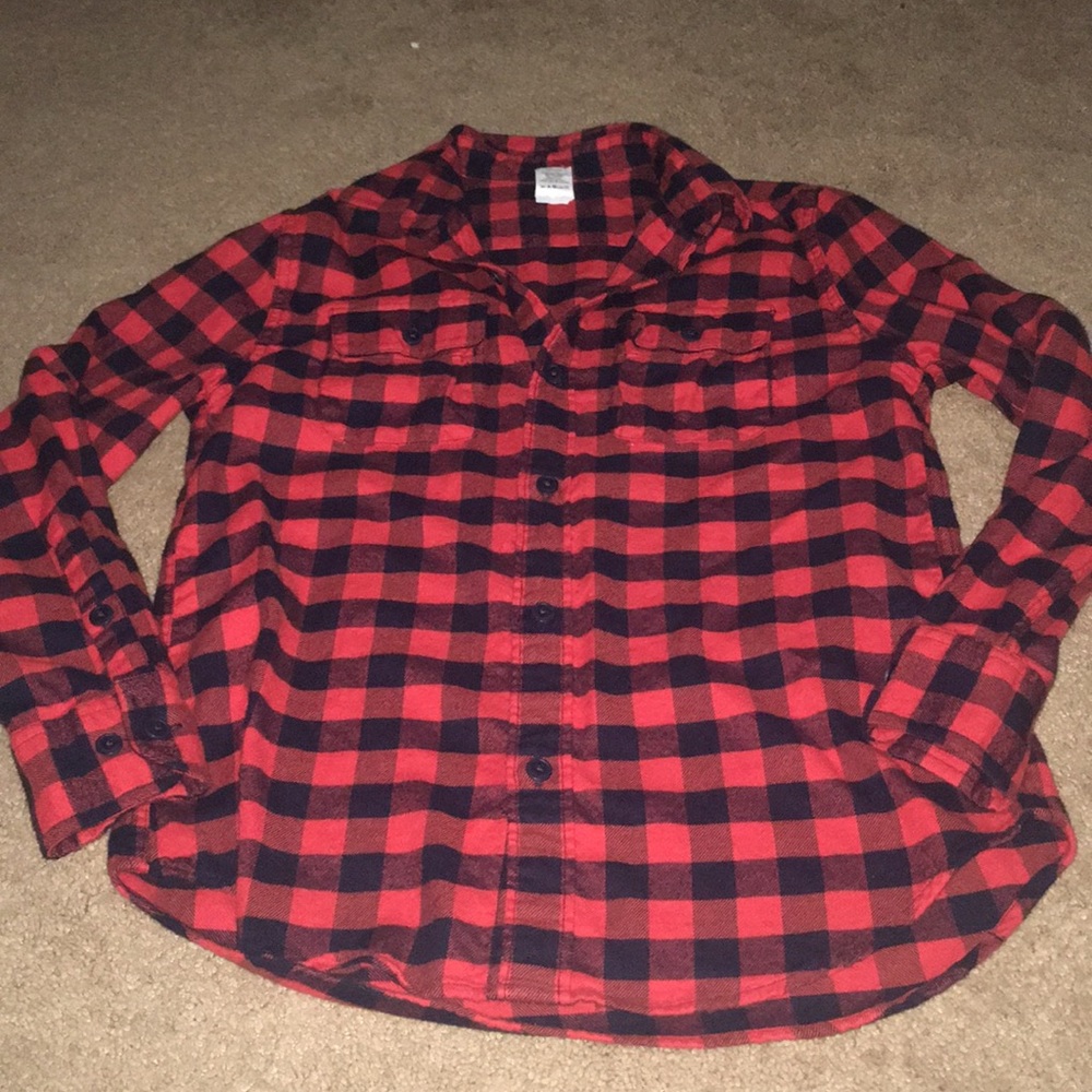 Plaid Red and Navy Button Up